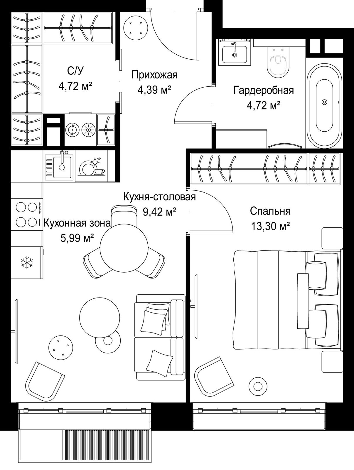 1-комнатная квартира, 42,5 м²
