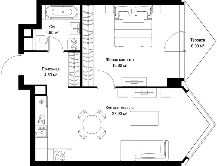 1-комнатная квартира, 57 м²