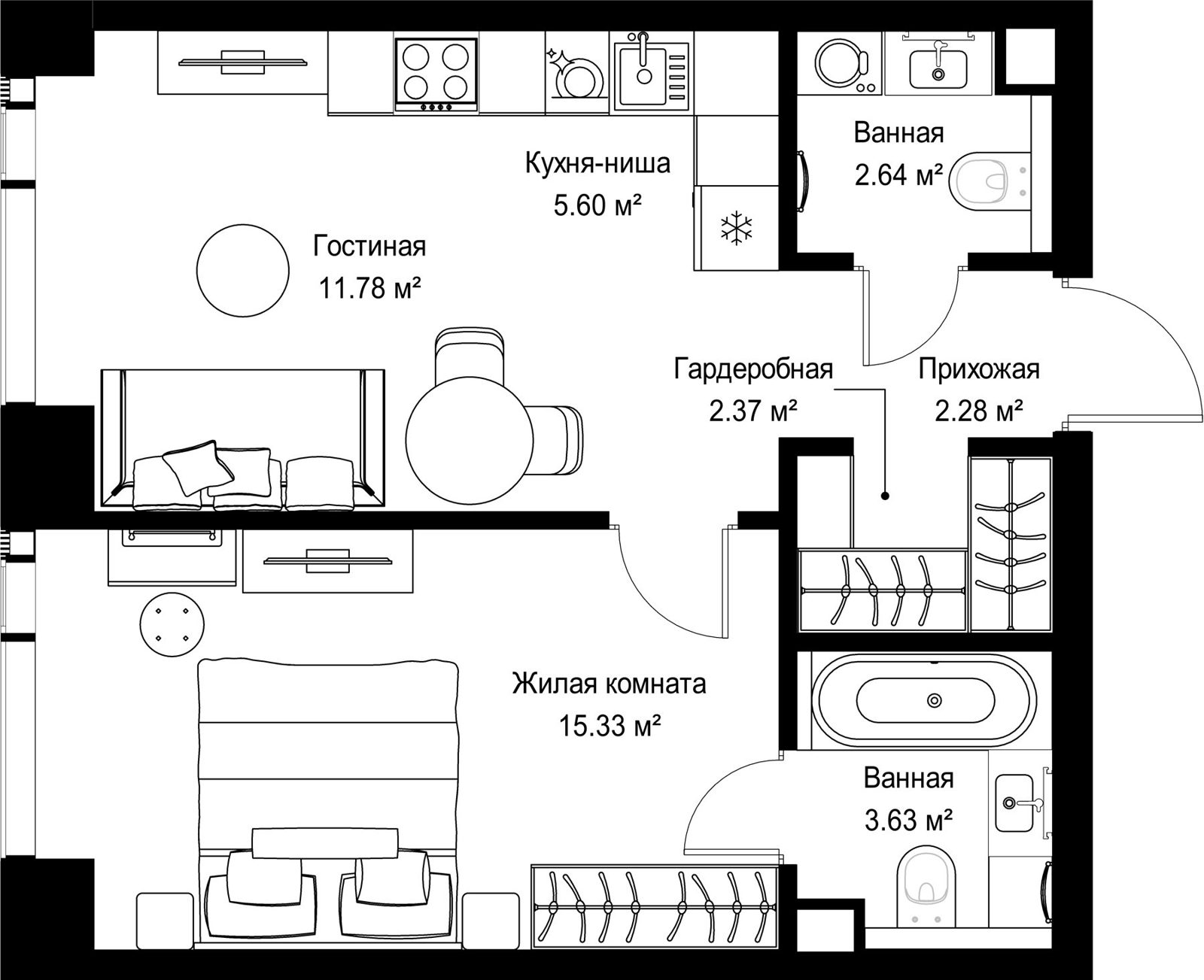 1-комнатная квартира, 43,6 м²