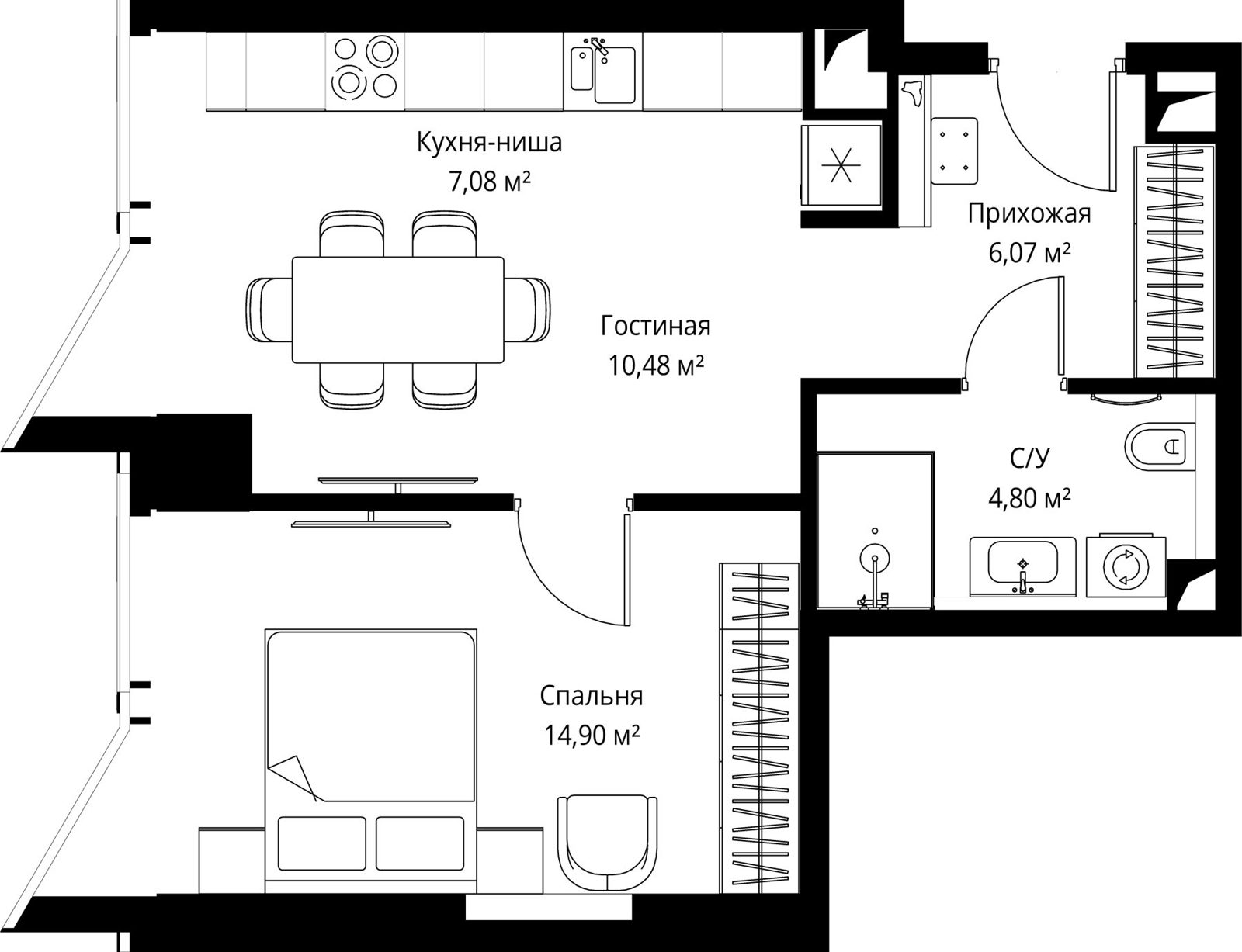 1-комнатная квартира, 43,6 м²