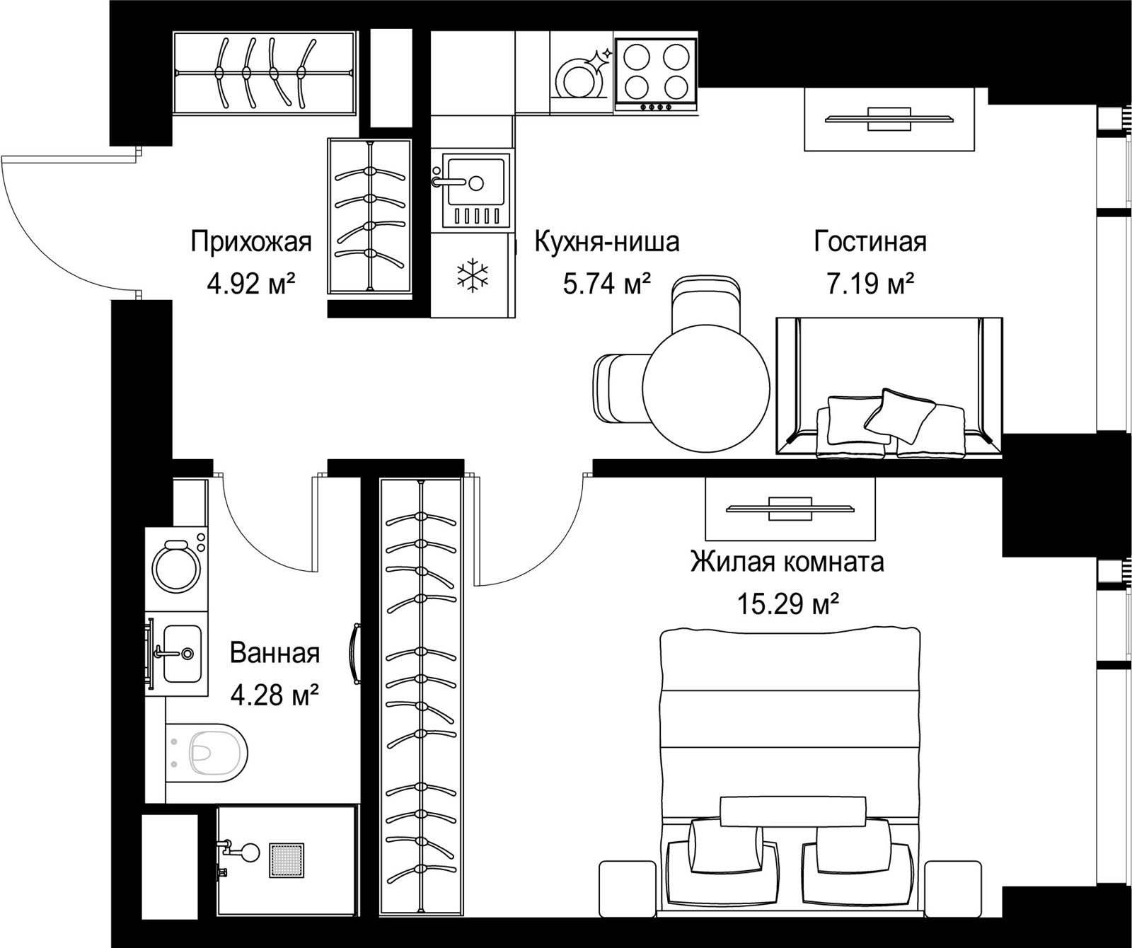 1-комнатная квартира, 37,4 м²