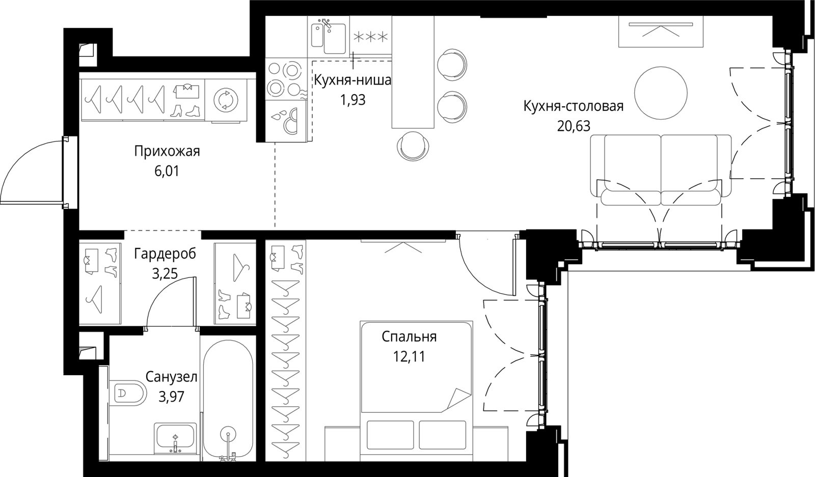 1-комнатная квартира, 47,9 м²