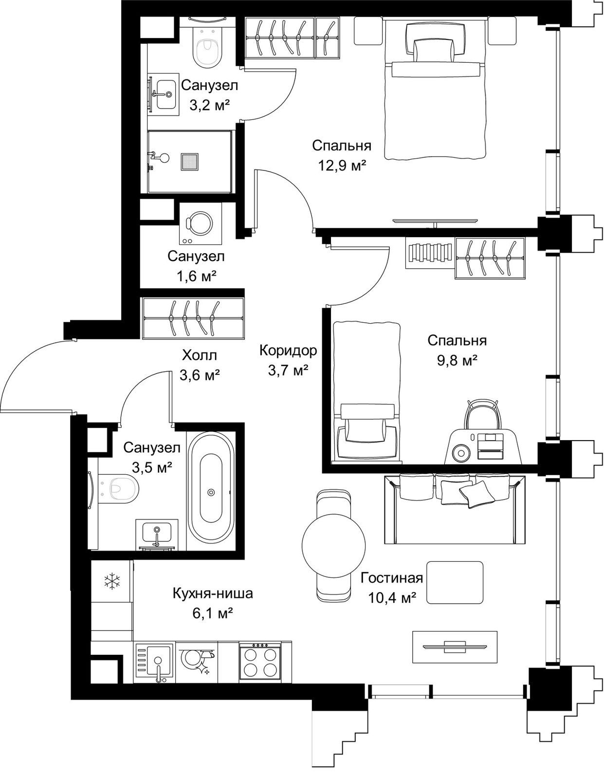 2-комнатная квартира, 54,8 м²