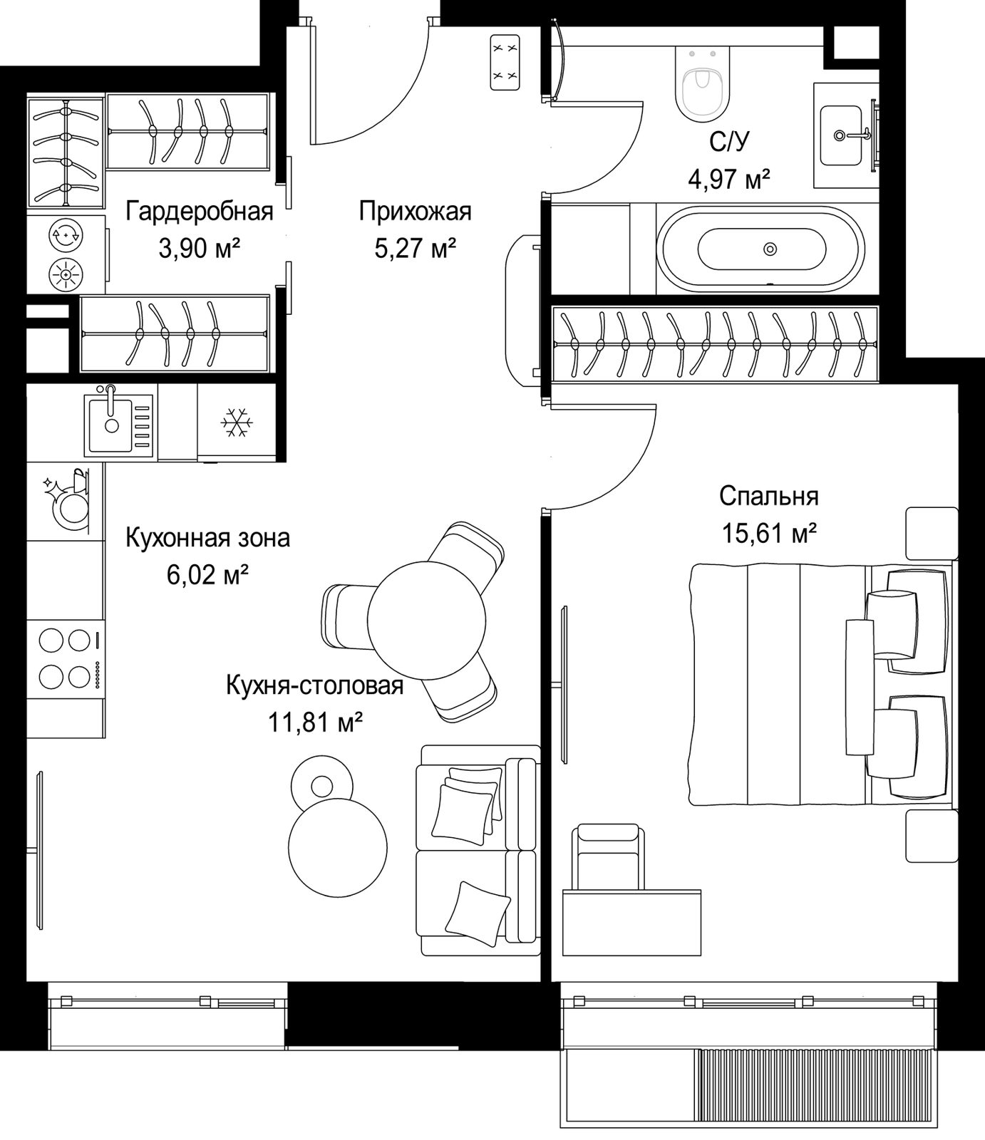 1-комнатная квартира, 47,6 м²