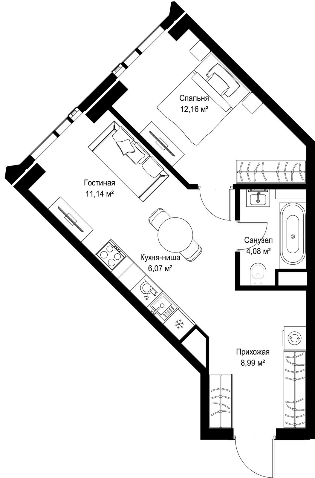 1-комнатная квартира, 42,4 м²