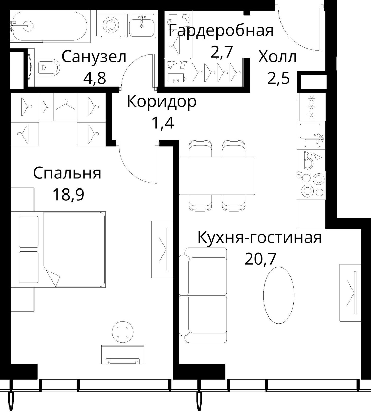 1-комнатная квартира, 51 м²