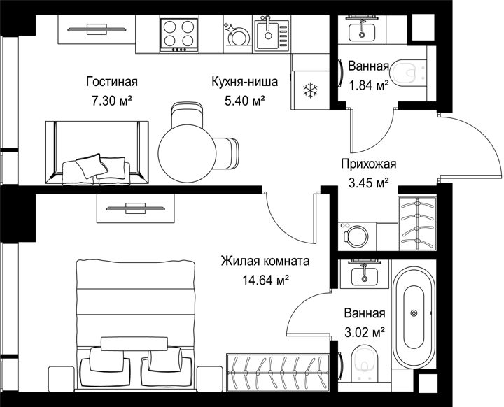1-комнатная квартира, 35,6 м²