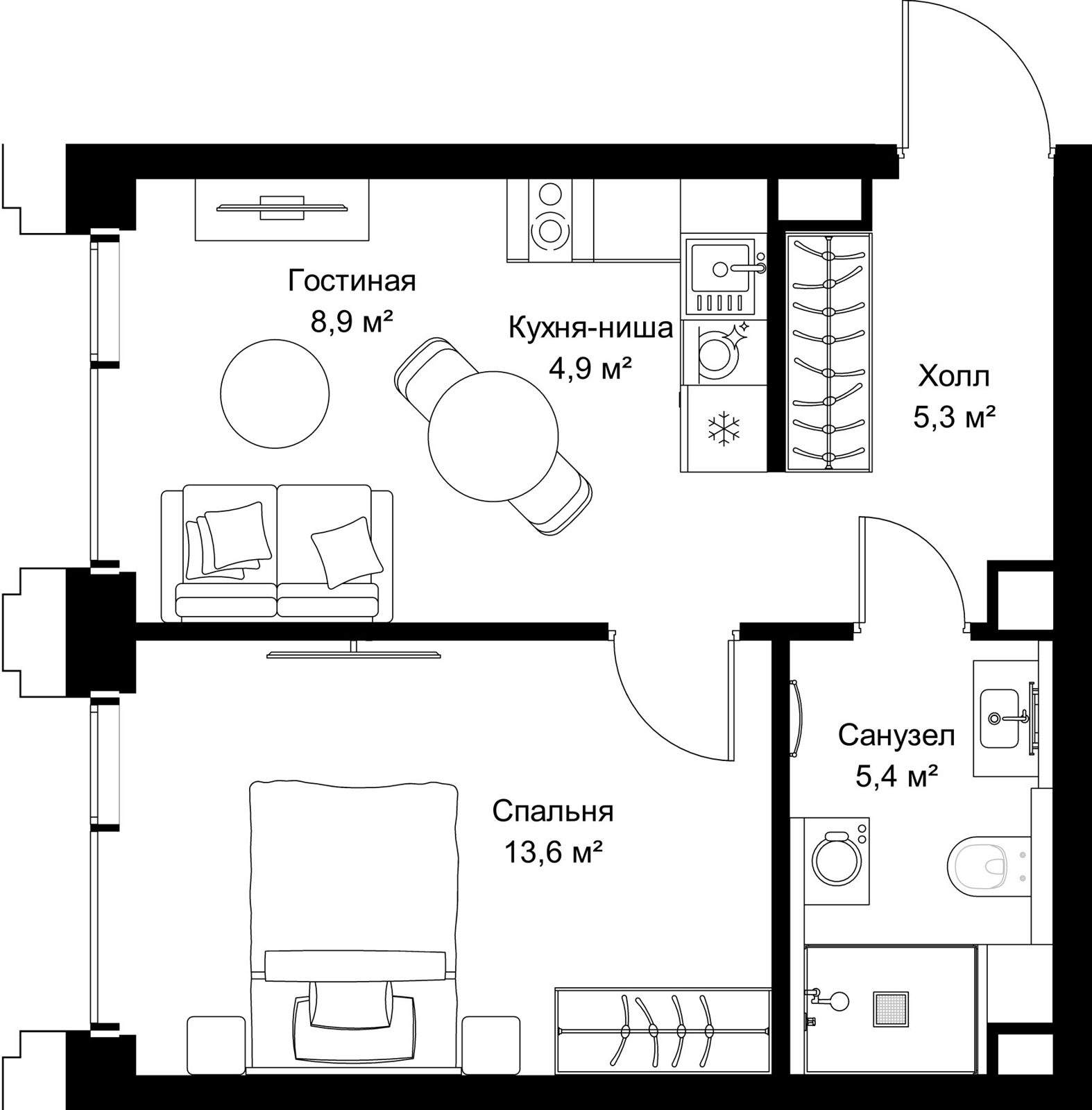 1-комнатная квартира, 38,1 м²