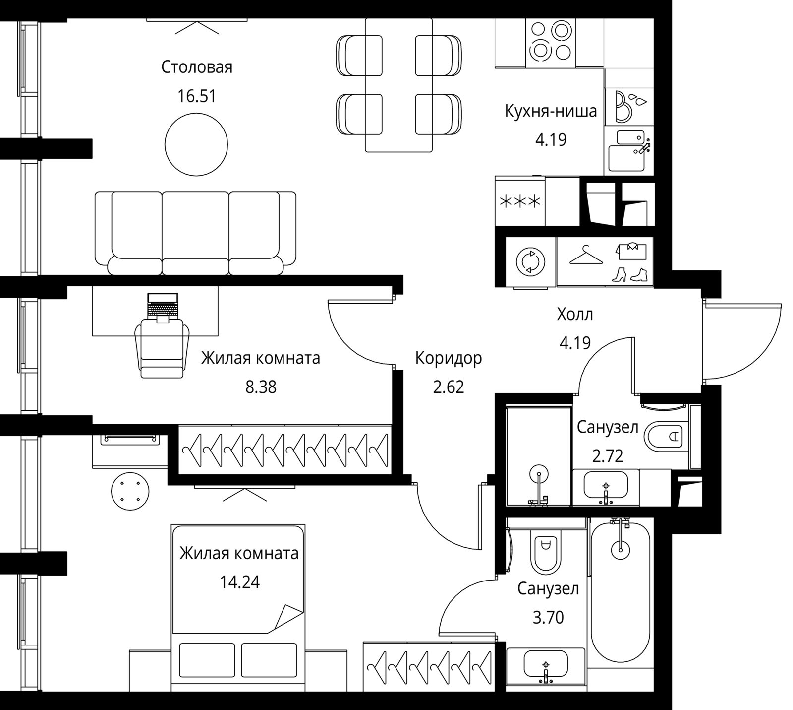 2-комнатная квартира, 56,5 м²