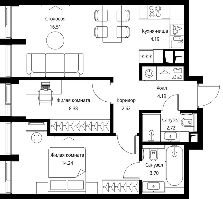 2-комнатная квартира, 56,5 м² — фото 1