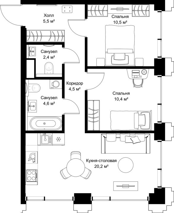 2-комнатная квартира, 58,1 м²