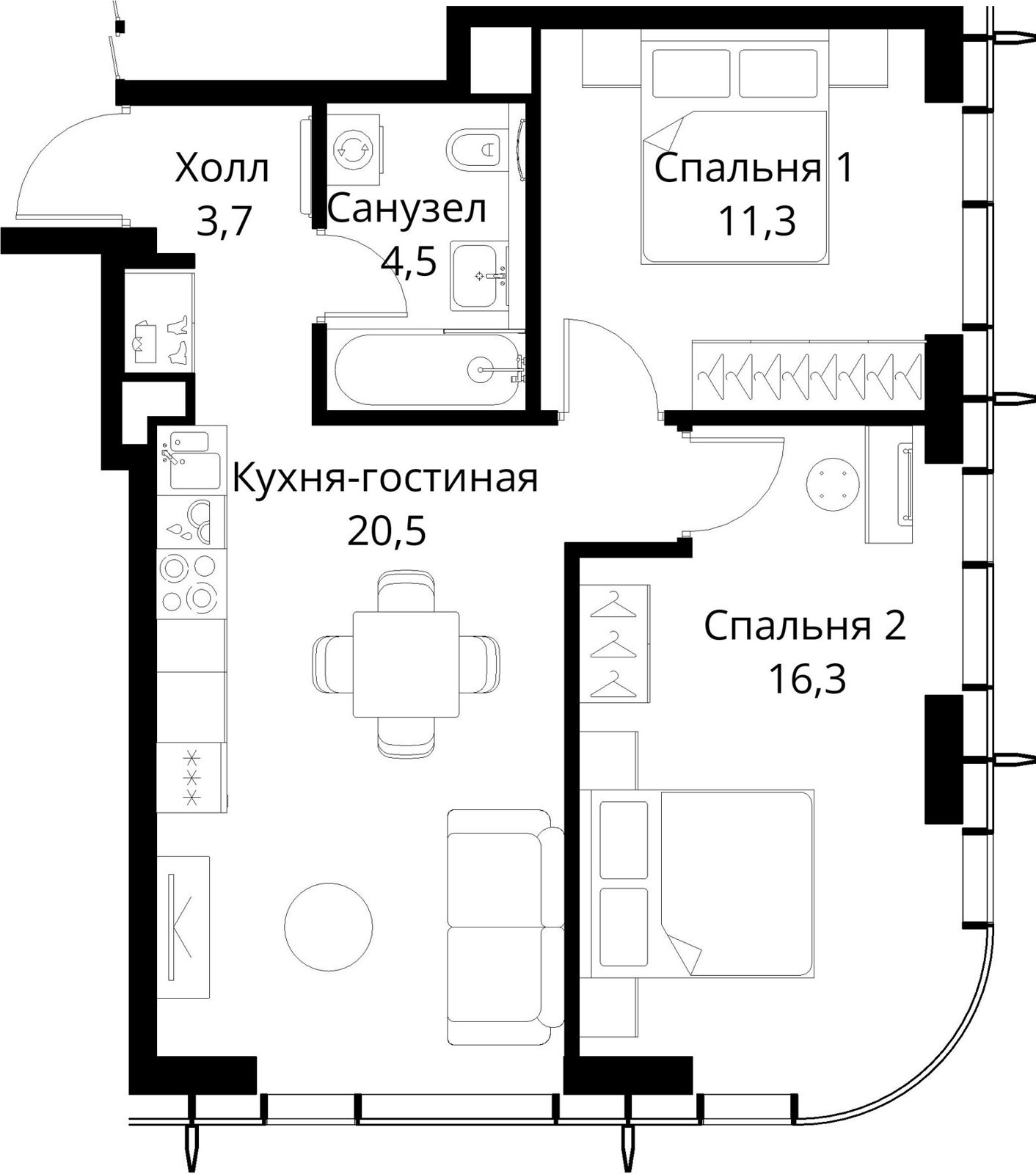 2-комнатная квартира, 56,3 м²