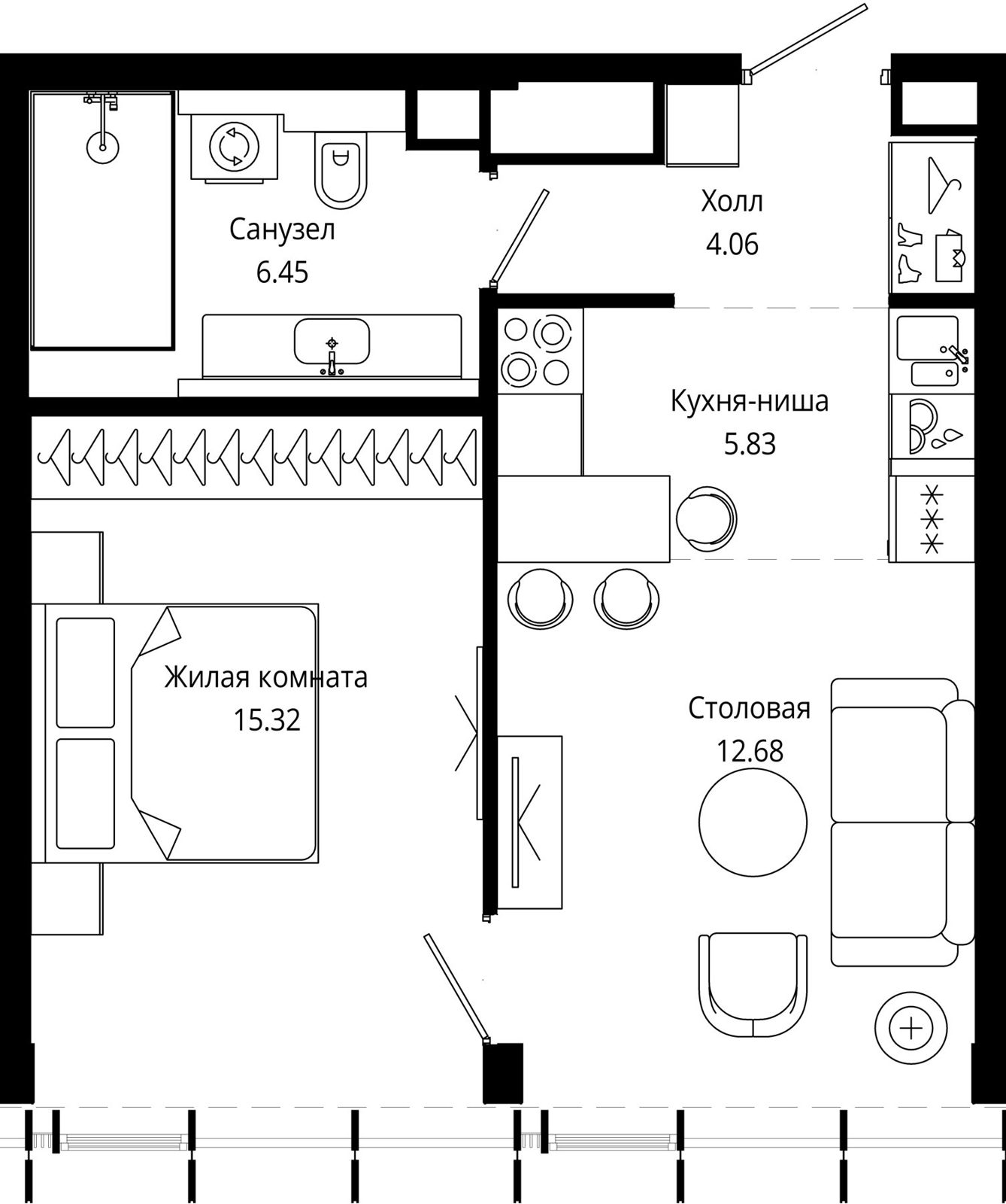 1-комнатная квартира, 44,1 м²