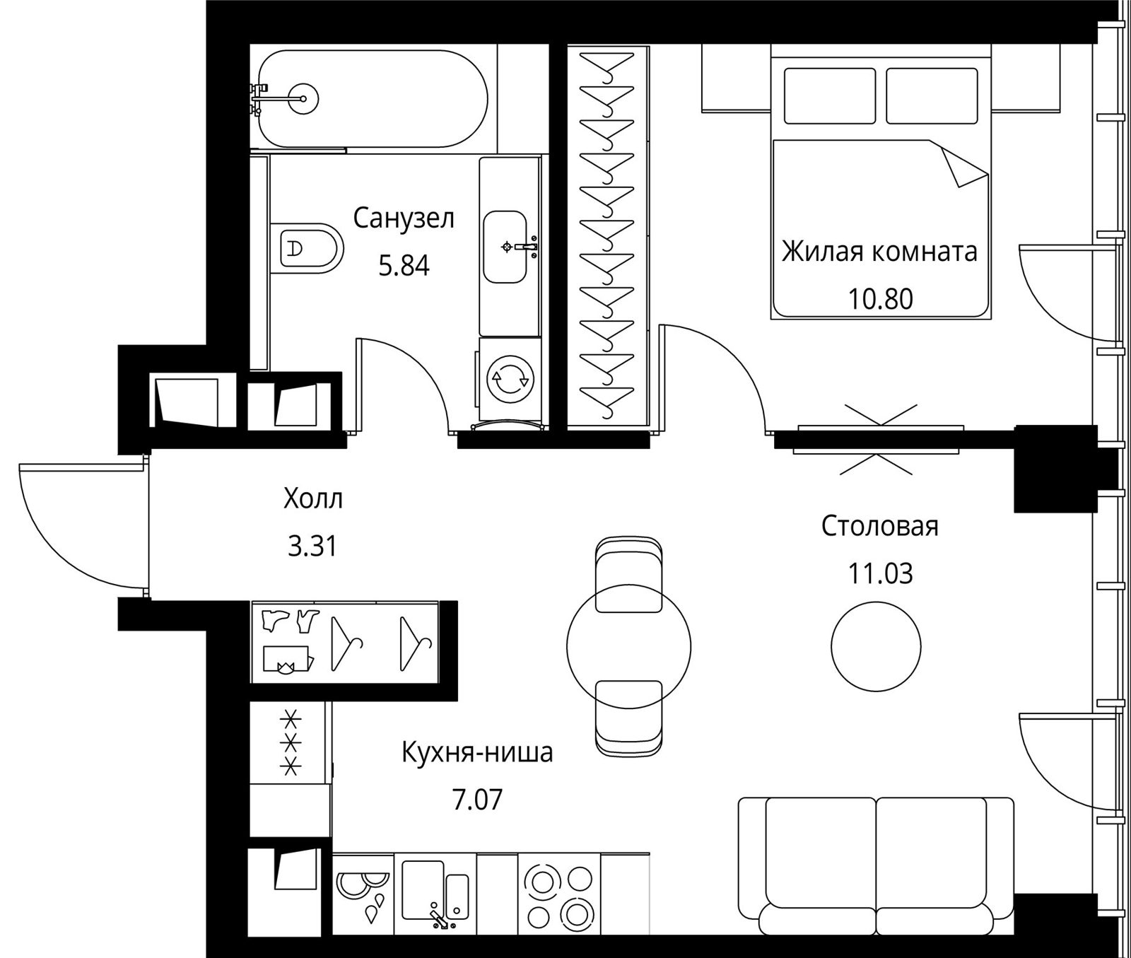1-комнатная квартира, 38 м²
