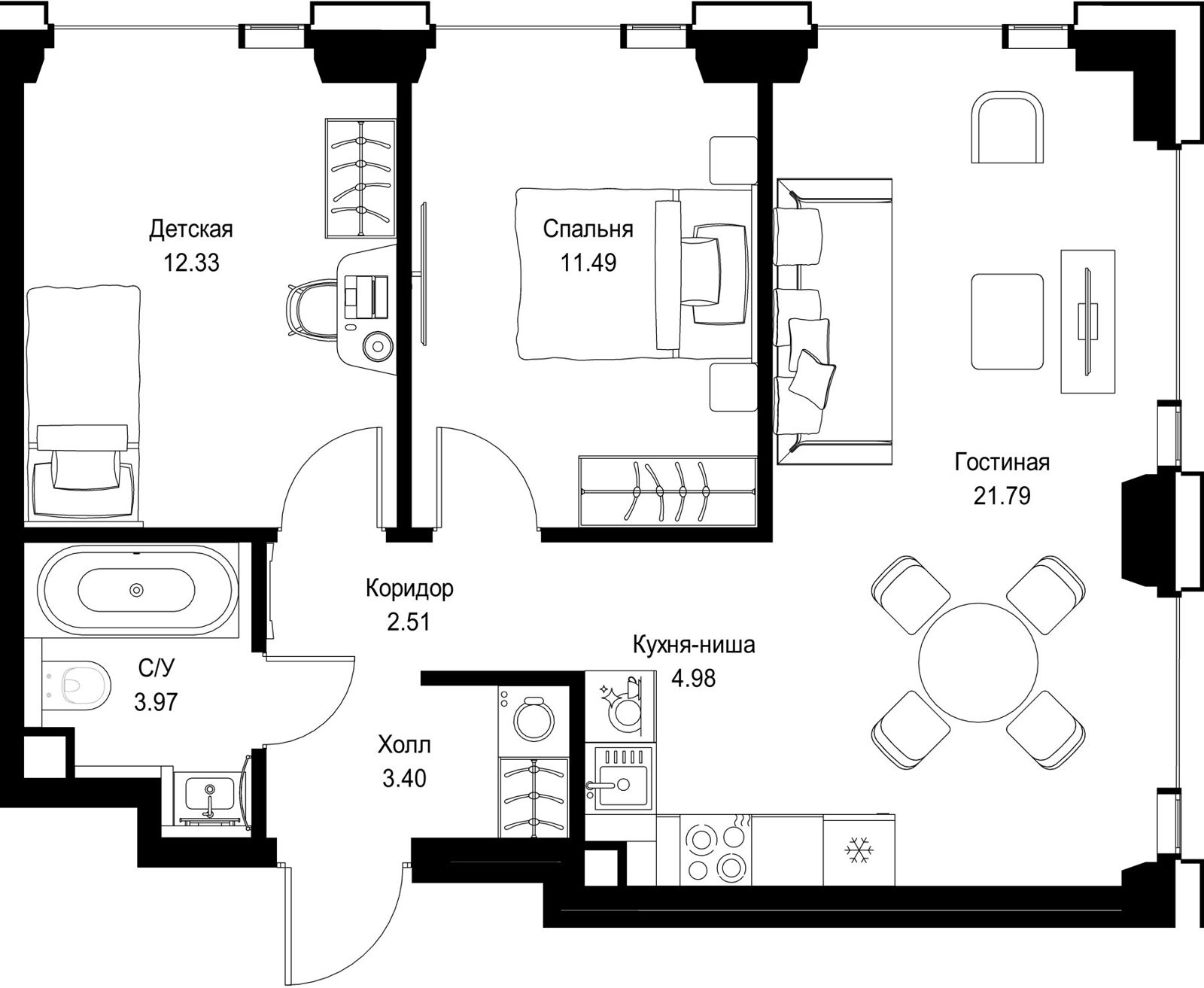 2-комнатная квартира, 60,5 м²