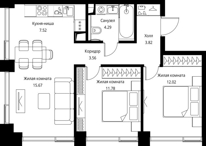 2-комнатная квартира, 58,7 м² — фото 1