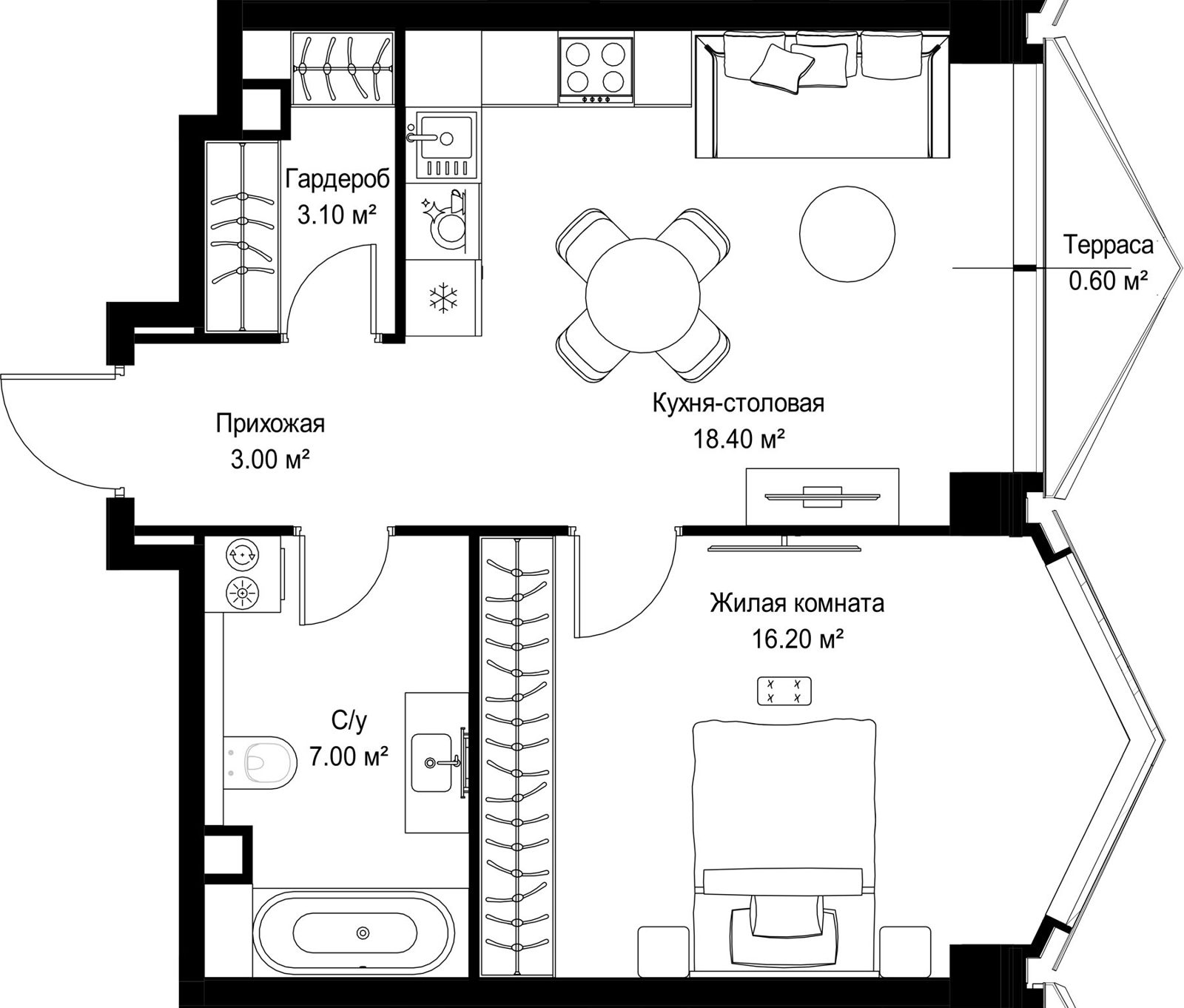 1-комнатная квартира, 48,3 м²