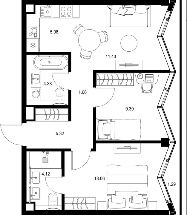 2-комнатная квартира, 55,7 м² — фото 1