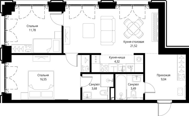 2-комнатная квартира, 70,4 м² — фото 1