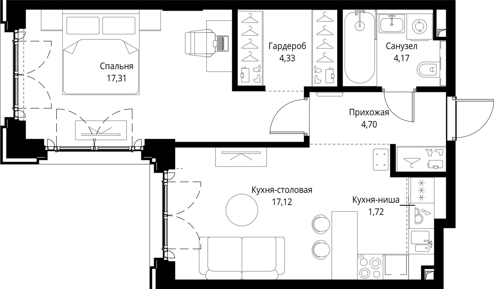 1-комнатная квартира, 49,4 м²