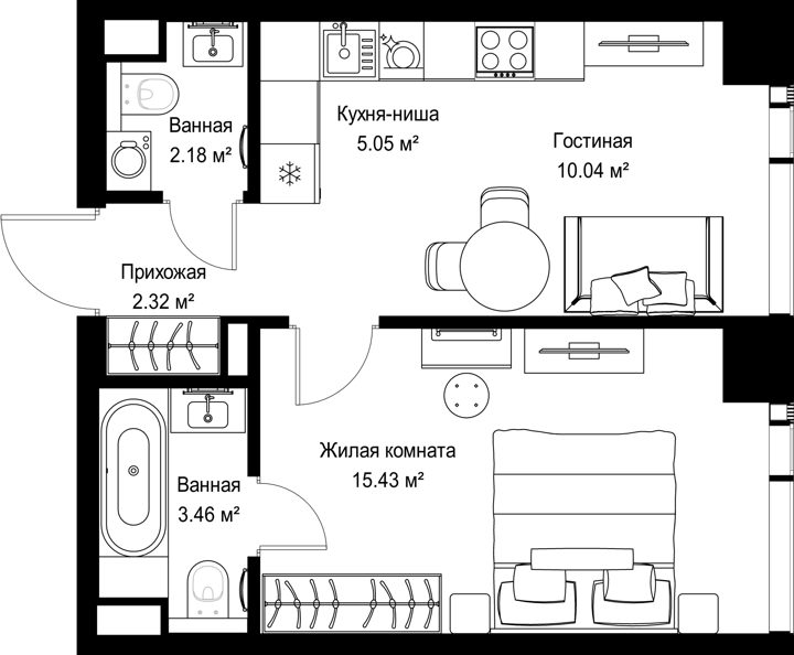 1-комнатная квартира, 38,5 м²