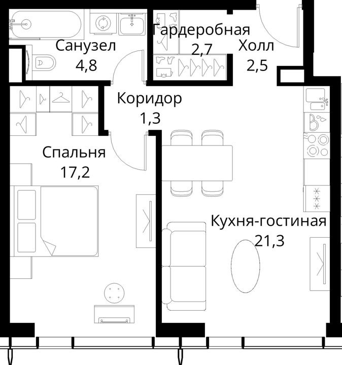 1-комнатная квартира, 49,8 м² — фото 1