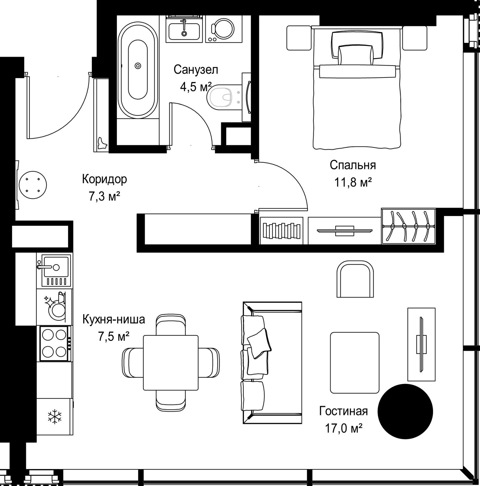 1-комнатная квартира, 48,1 м²