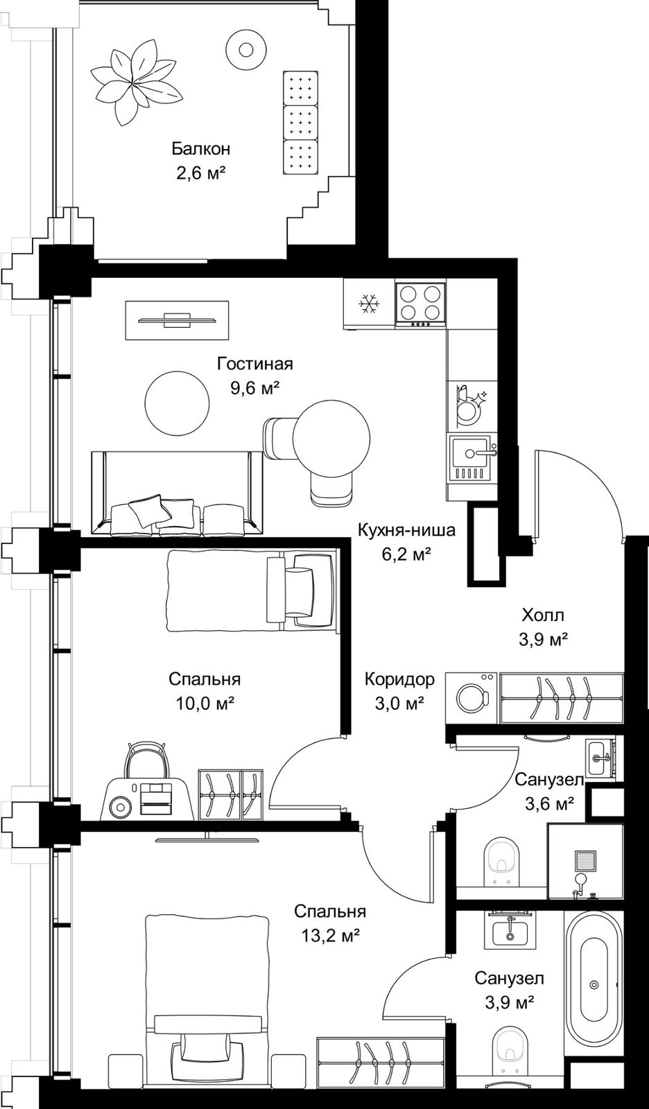 2-комнатная квартира, 56 м²