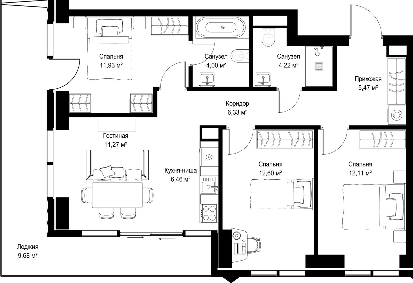 3-комнатная квартира, 84,1 м²