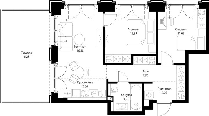 2-комнатная квартира, 67 м² — фото 1