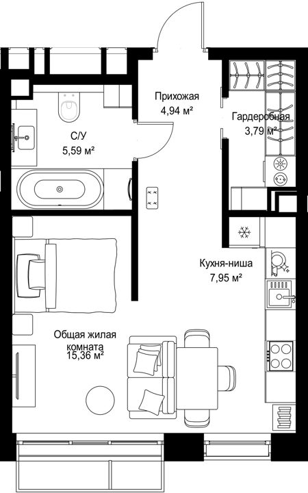 1-комнатная квартира, 37,6 м² — фото 1