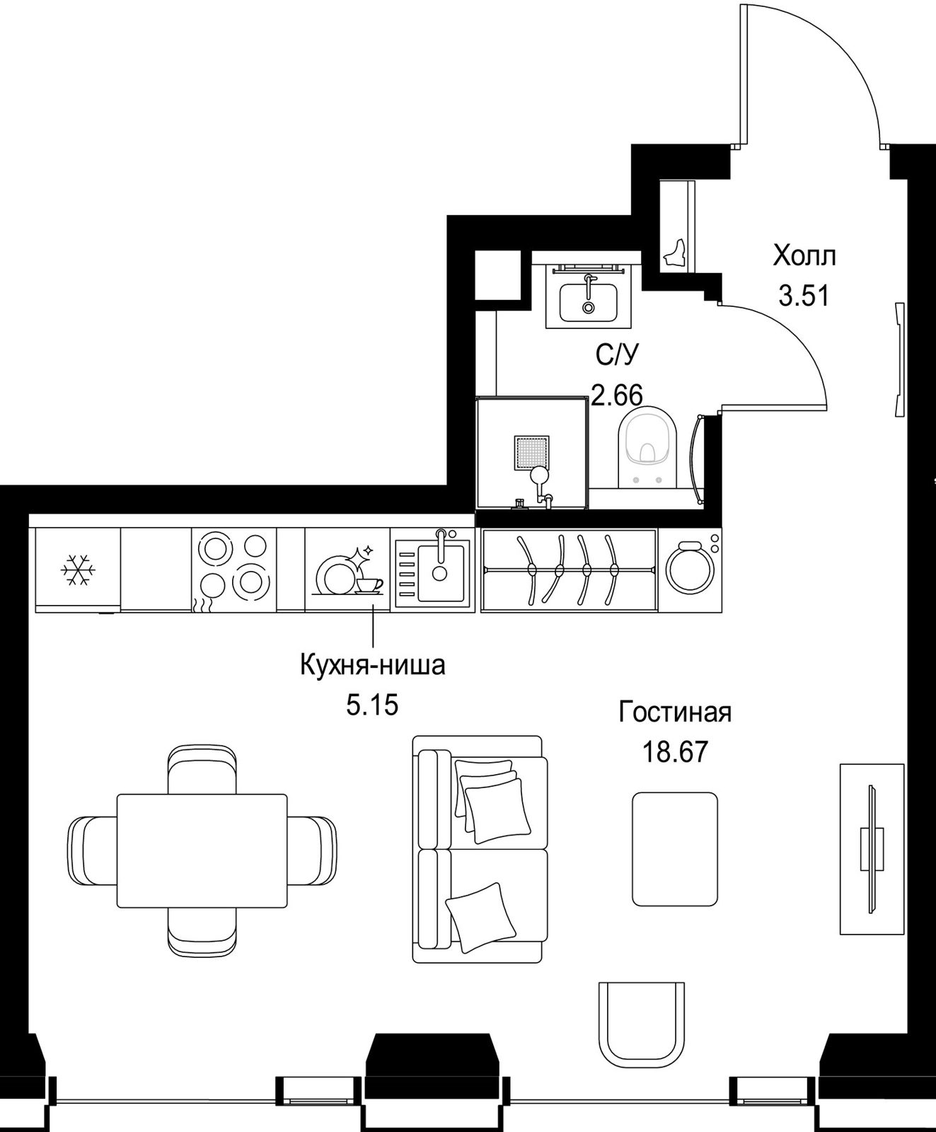Квартира-студия, 30 м²