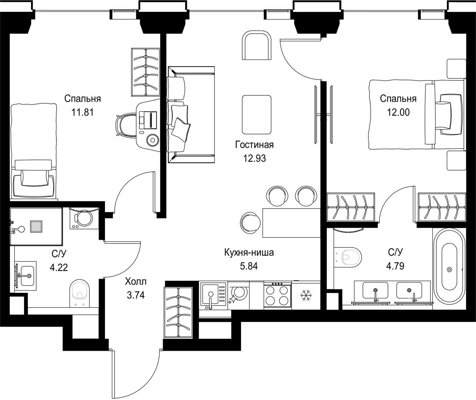 2-комнатная квартира, 55,3 м²