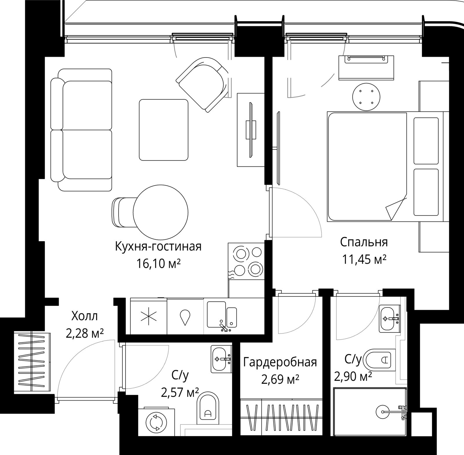 1-комнатная квартира, 38 м²