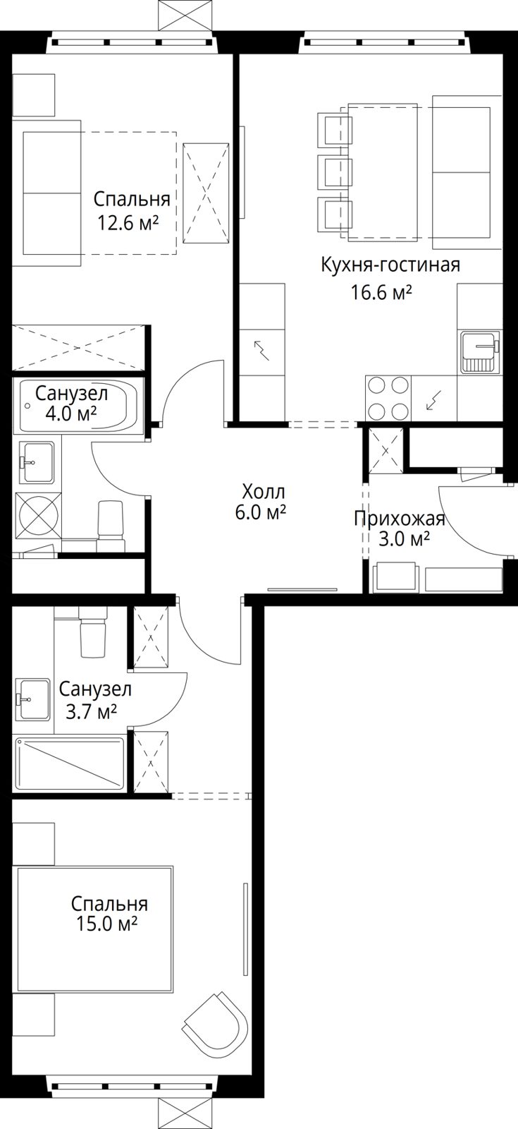 2-комнатная квартира, 60,9 м²