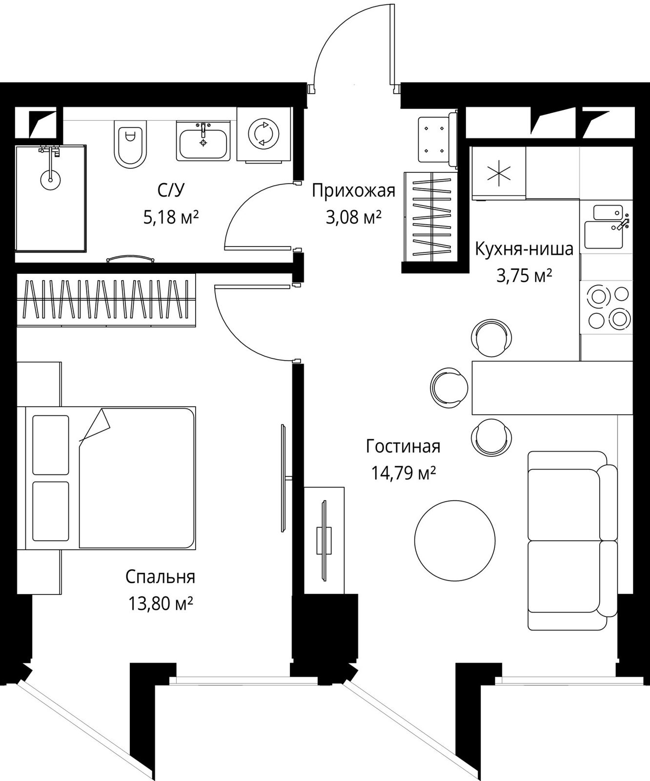 1-комнатная квартира, 40,5 м²