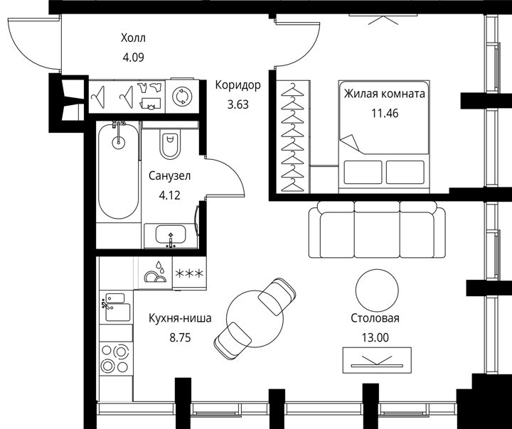 1-комнатная квартира, 45 м² — фото 1