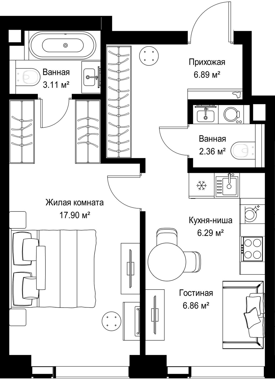 1-комнатная квартира, 43,4 м²