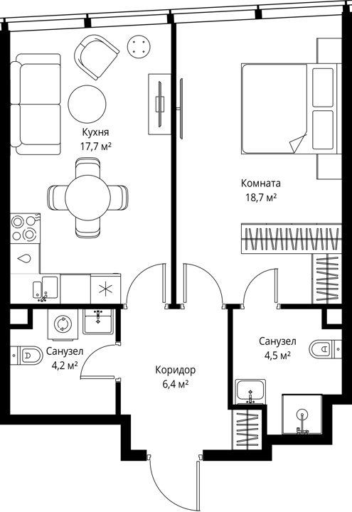 1-комнатная квартира, 51,5 м²