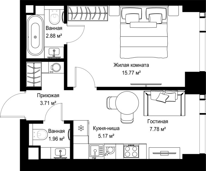 1-комнатная квартира, 37,3 м²