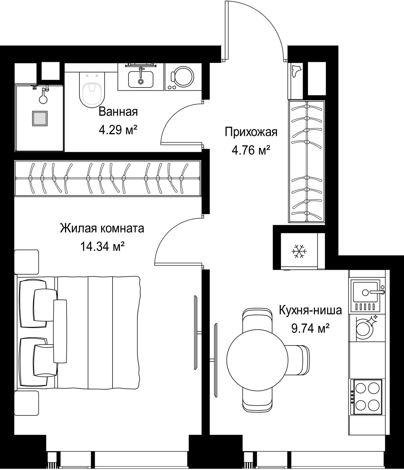1-комнатная квартира, 33,1 м²