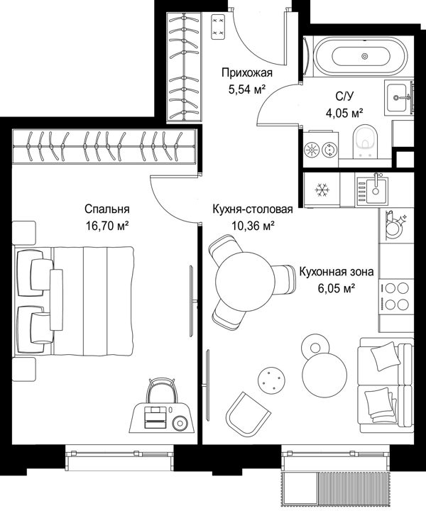 1-комнатная квартира, 42,7 м² — фото 1