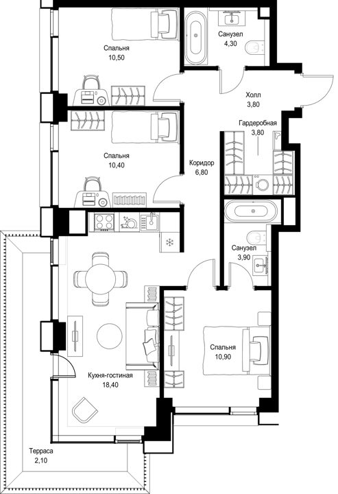 3-комнатная квартира, 74,9 м² — фото 1
