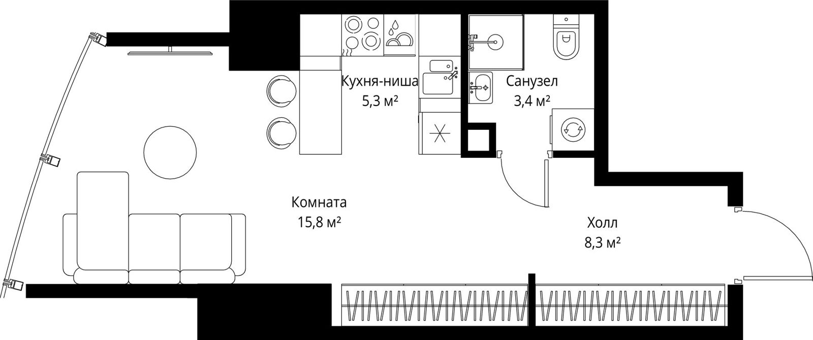 Квартира-студия, 32,8 м²