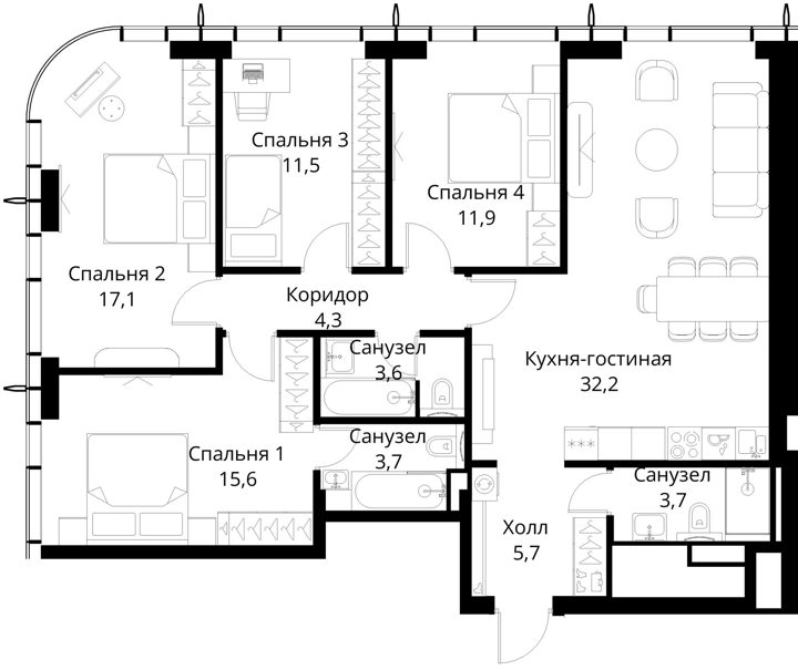 4-комнатная квартира, 109,3 м² — фото 1