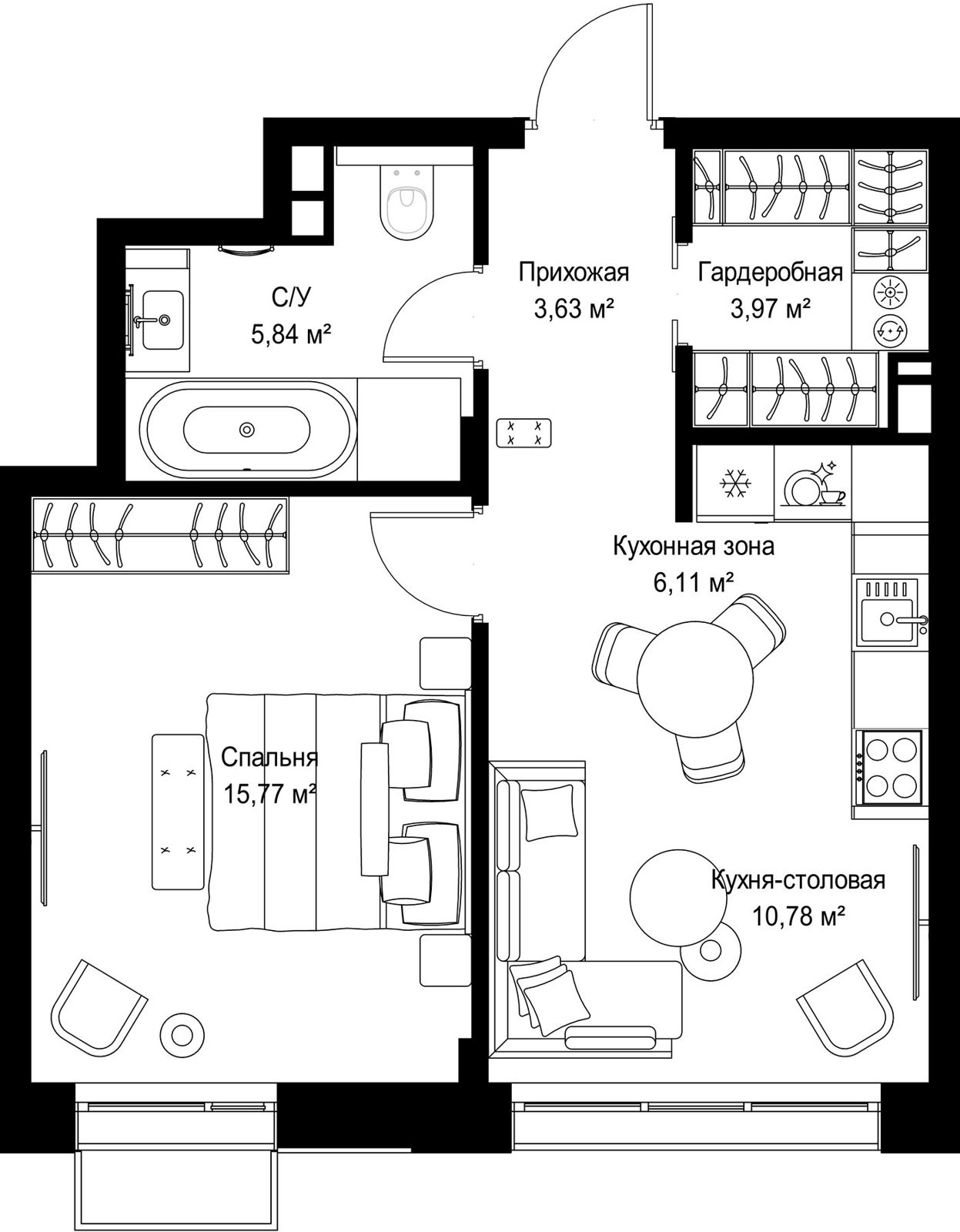 1-комнатная квартира, 46,1 м²