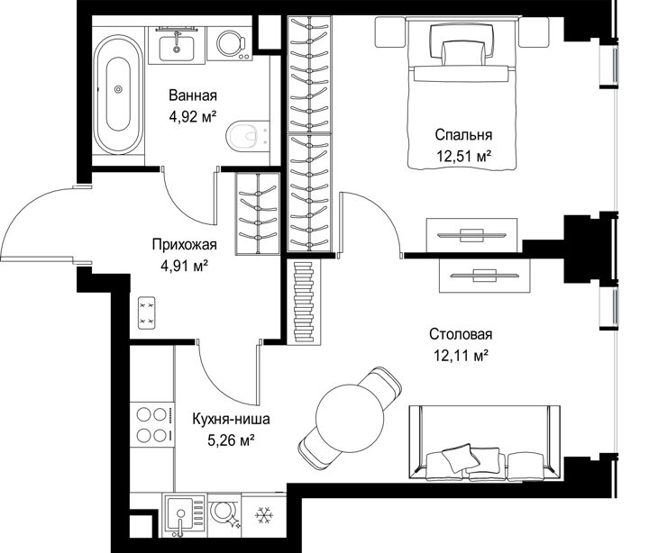 1-комнатная квартира, 39,7 м² — фото 2