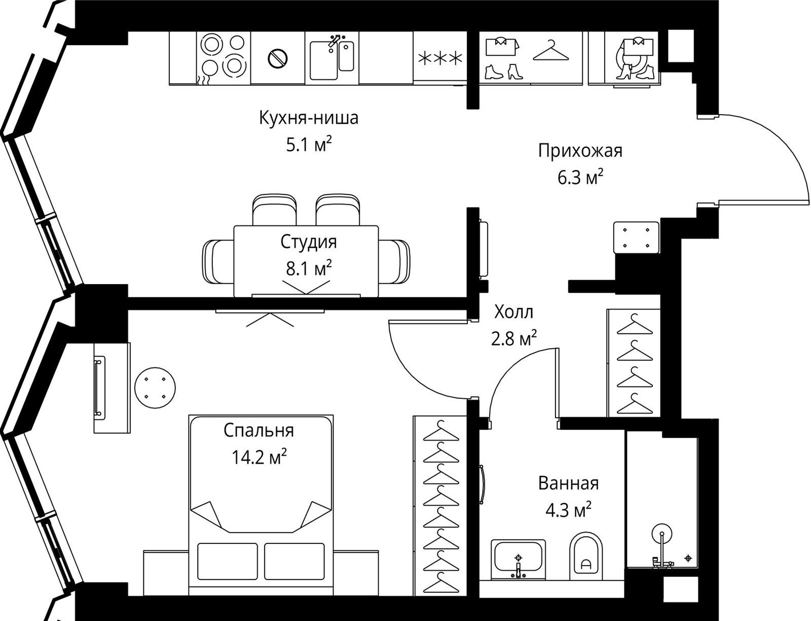 1-комнатная квартира, 40,8 м²
