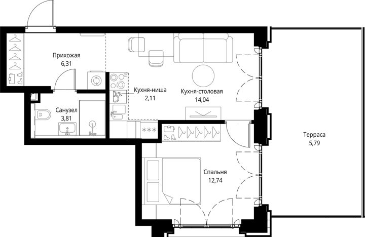 1-комнатная квартира, 44,8 м² — фото 1