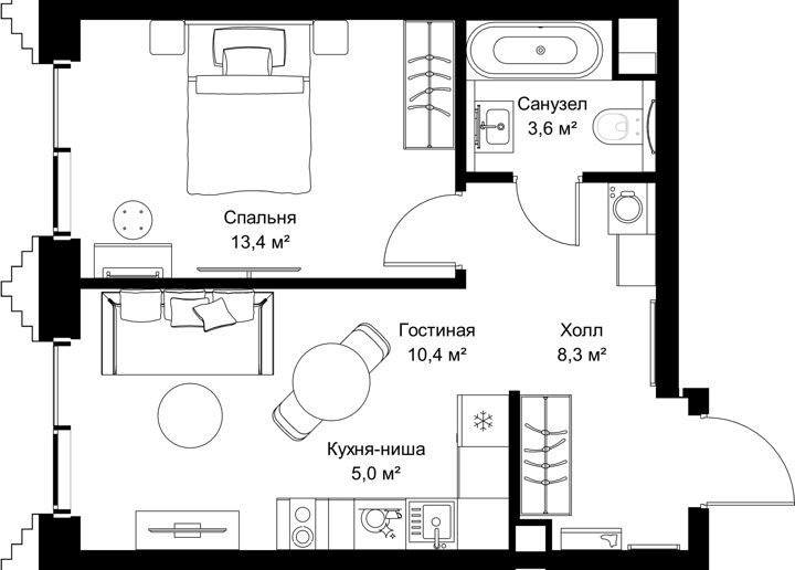 1-комнатная квартира, 40,7 м²